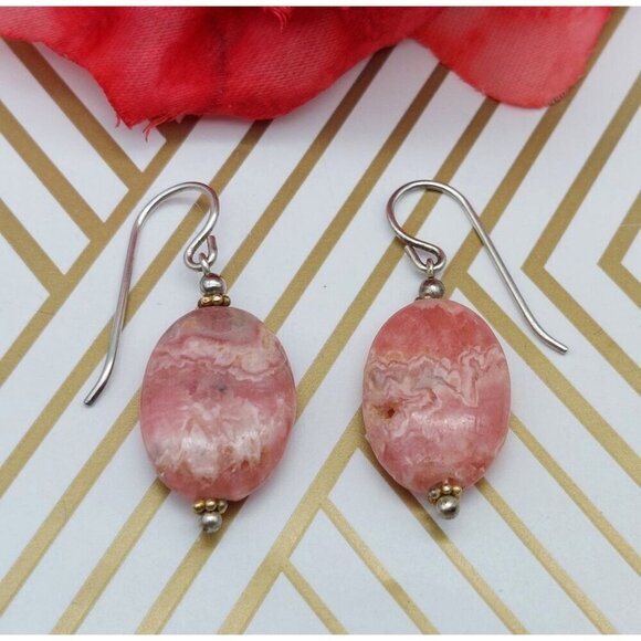 Lot of 2 Drop Dangle Natural Stone Pink & Tiger Eye Pierced Hook Earrings 1.25" - Picture 6 of 9